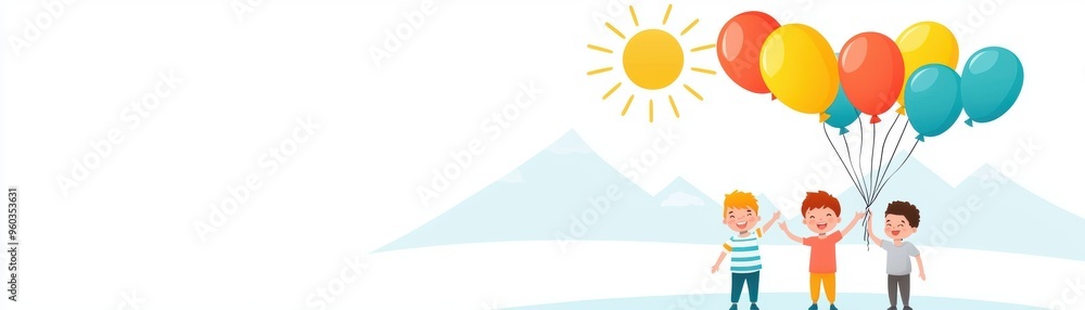 Kids with balloons, bright sky and sunshine, happiness and joy, flat design illustration Kids with balloons, bright sky and sunshine, happiness and joy, flat design illustration