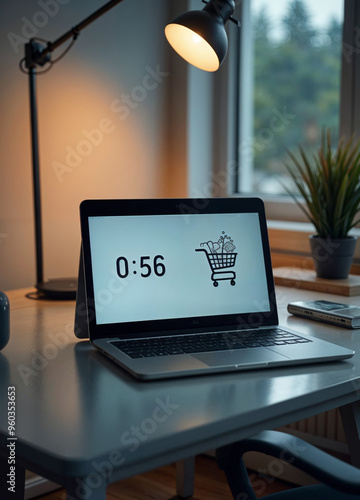 a laptop on a table in an office displaying a cyber monday countdown timer and a shopping cart icon on the screen