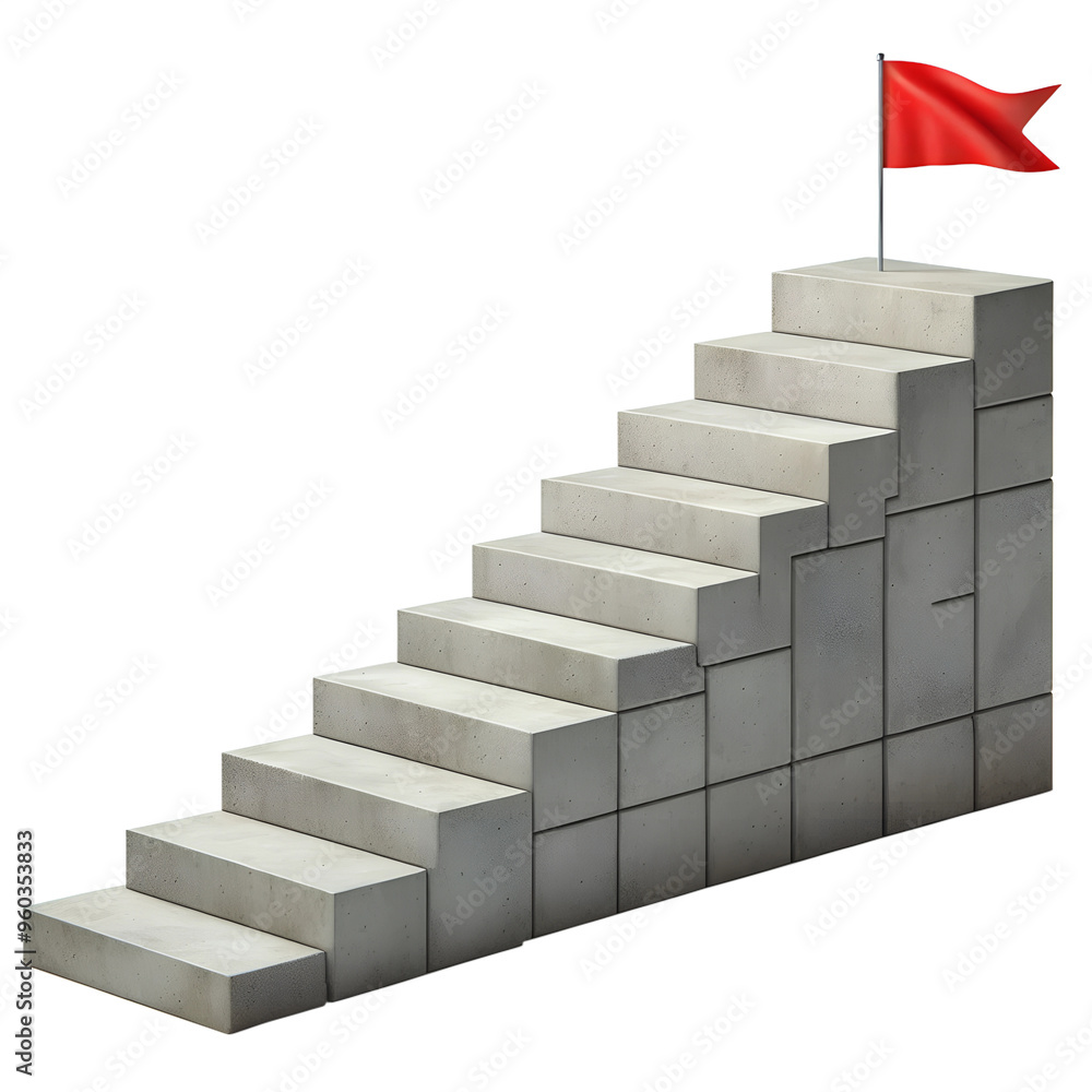 Progressive Concrete Stair Steps with Red Flag on Top - Success Concept on White Background Progressive Concrete Stair Steps with Red Flag on Top - Success Concept on White Background