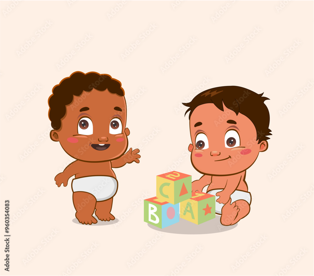 Two baby boys playing with blocks and waving Two baby boys playing with blocks and waving
