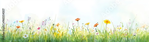 Gentle breeze through wildflowers, peaceful field under a soft sky, Watercolor style
