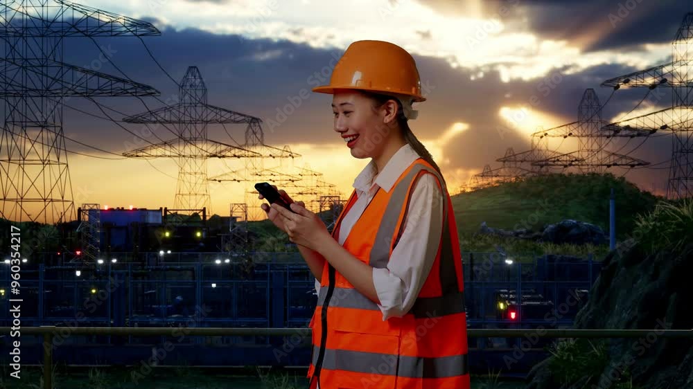 Side View Of Asian Female Engineer With Safety Helmet Using Smartphone While Standing Near High Voltage Tower Side View Of Asian Female Engineer With Safety Helmet Using Smartphone While Standing Near High Voltage Tower