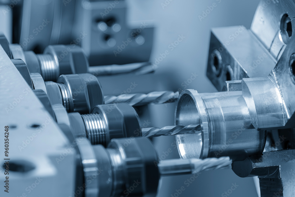 Naklejka premium The multi- tasking CNC lathe machine swiss type drilling the metal shaft parts.