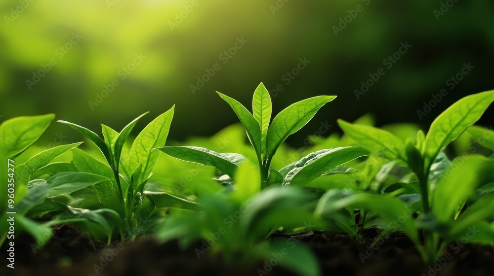 Vibrant green plants emerging from the soil, reflecting growth and new beginnings in a natural light setting. Vibrant green plants emerging from the soil, reflecting growth and new beginnings in a natural light setting.