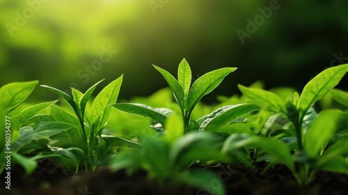 Vibrant green plants emerging from the soil, reflecting growth and new beginnings in a natural light setting.