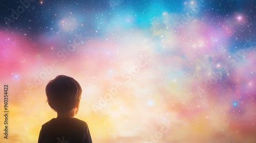 A young child's silhouette gazing up at a sky filled with whimsical stars and swirling colors, evoking a sense of wonder, happiness, and limitless imagination.