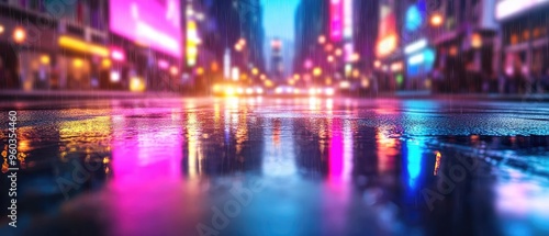 A vibrant city street at night, reflecting colorful lights on wet pavement, creating a dreamy urban atmosphere.