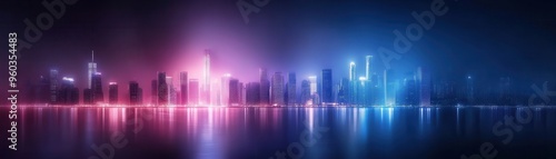 Vibrant city skyline with colorful lights reflecting on water at night, showcasing modern architecture and urban beauty.