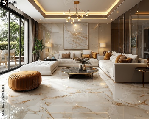 Luxurious Contemporary Living Room with High-Gloss Walls, Marble Flooring, and Gold-Accented Chandelier under Soft Illumination photo