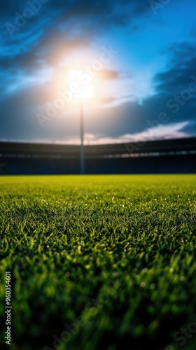 Stunning view of a sports field illuminated by stadium lights under a dramatic sky, perfect for sports and outdoor themes.