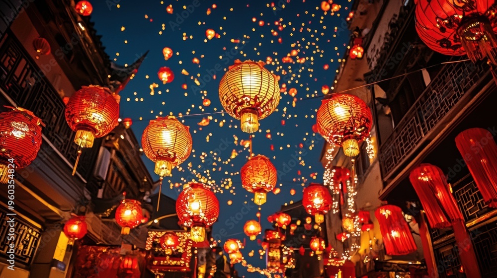 Vibrant Chinese Lanterns Lighting Up a Festive Cityscape at Night Vibrant Chinese Lanterns Lighting Up a Festive Cityscape at Night
