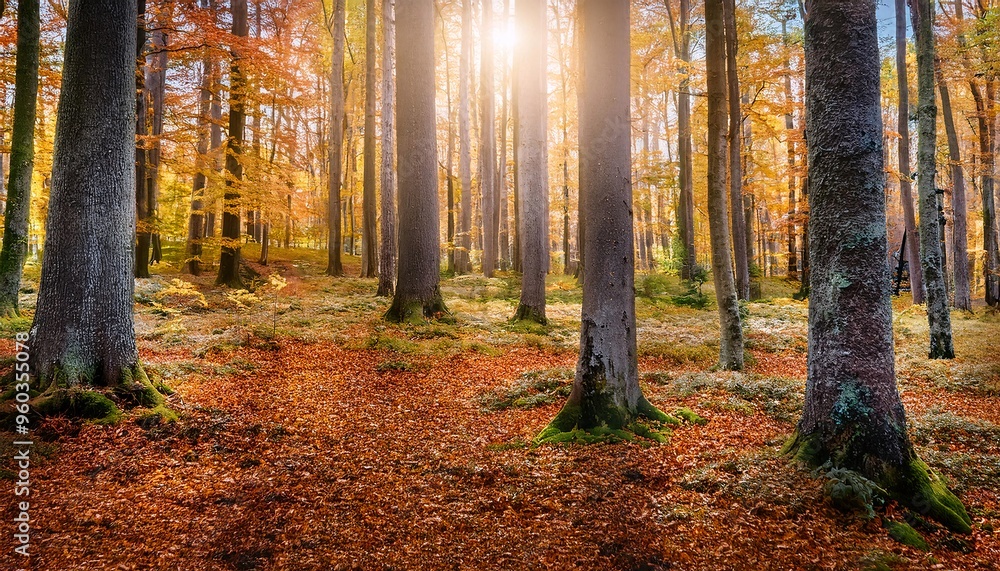 A stunning view of a dense forest with towering trees and a carpet of colorful autumn leaves, creating a magical, enchanting scene A stunning view of a dense forest with towering trees and a carpet of colorful autumn leaves, creating a magical, enchanting scene