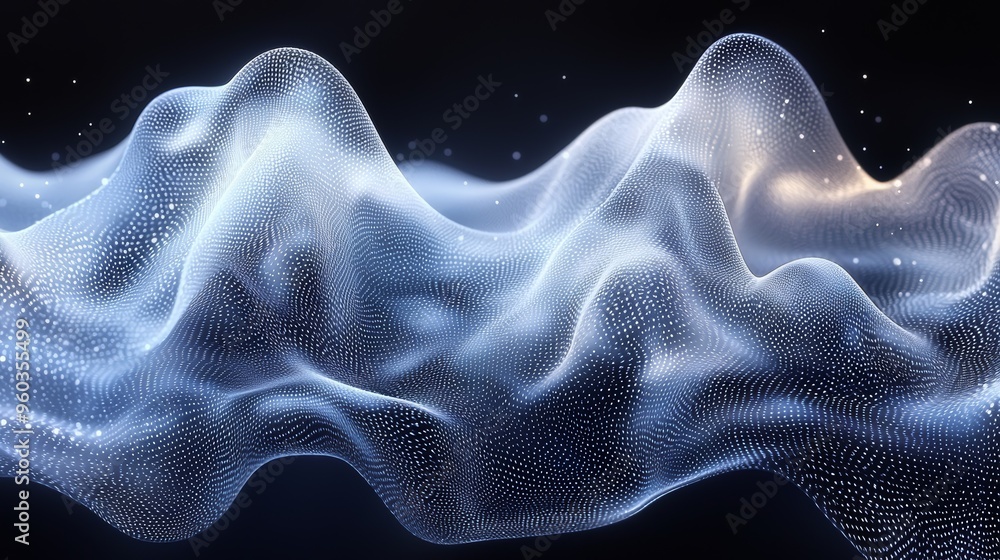 Obraz premium Abstract wave patterns created by digital particles in a dark environment showcasing fluid motion and dynamic forms