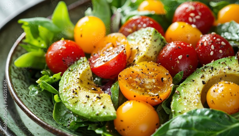 Close-Up of Avocado, Tomato, and Spinach Salad with Black Pepper and Sesame Seeds Close-Up of Avocado, Tomato, and Spinach Salad with Black Pepper and Sesame Seeds