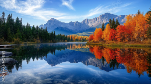 Wallpaper Mural Tranquil Autumn Reflection: Majestic Mountains Mirrored in Serene Lake at Dawn Torontodigital.ca