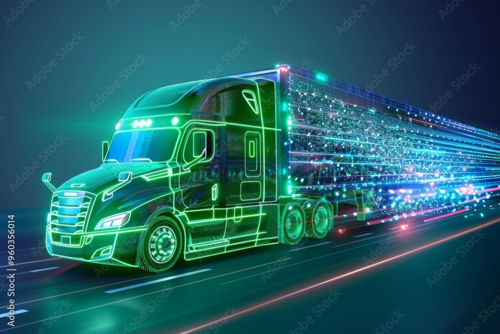 Digital green high-speed truck in low poly wireframe, the future of logistics and freight management. Autonomous Trucking and Delivery, electric or hydrogen-powered vehicle. Digital green high-speed truck in low poly wireframe, the future of logistics and freight management. Autonomous Trucking and Delivery, electric or hydrogen-powered vehicle.