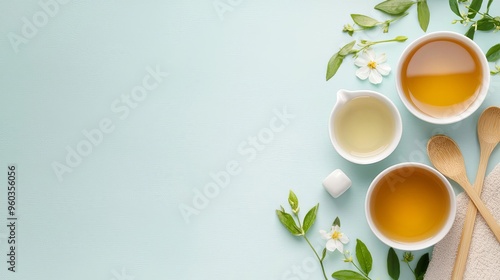 Flat lay of oolong tea setup with antioxidantrich herbs, bamboo utensils, and a serene color palette, wellnessfocused imagery photo