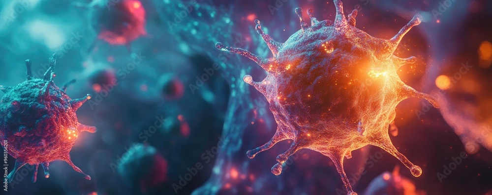 Colorful microscopic view of viruses and cells, showcasing vibrant structures and intricate details in a digital illustration. Colorful microscopic view of viruses and cells, showcasing vibrant structures and intricate details in a digital illustration.