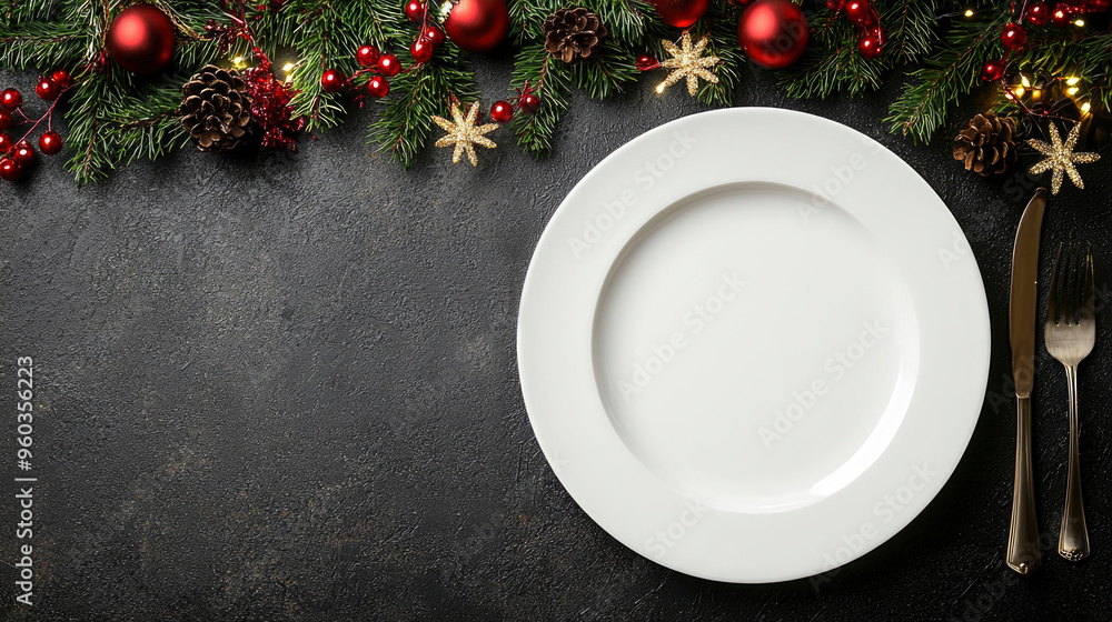 Christmas table setting. A beautifully arranged table ready for a holiday meal, featuring a plain plate at the center, adorned with pine and festive fruits, creating a warm atmosphere. Christmas table setting. A beautifully arranged table ready for a holiday meal, featuring a plain plate at the center, adorned with pine and festive fruits, creating a warm atmosphere.