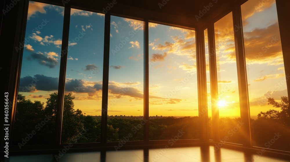 Fototapeta premium Breathtaking sunset view from modern window, showcasing vibrant colors and serene nature, perfect for relaxation and inspiration.