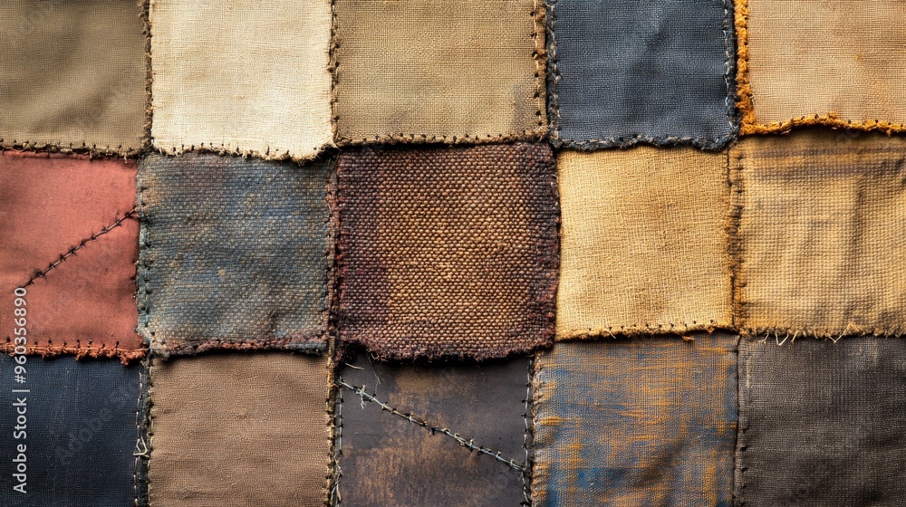 A patchwork of various fabric squares in earthy tones, showcasing texture and color diversity for textile design inspiration.
