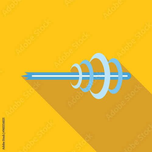Simple flat design illustration of a blue sound wave passing through an horizontal line, with a long shadow on a yellow background