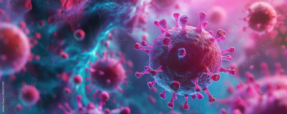 Colorful depiction of a virus structure under a microscope with a vivid background, highlighting intricate cellular features. Colorful depiction of a virus structure under a microscope with a vivid background, highlighting intricate cellular features.