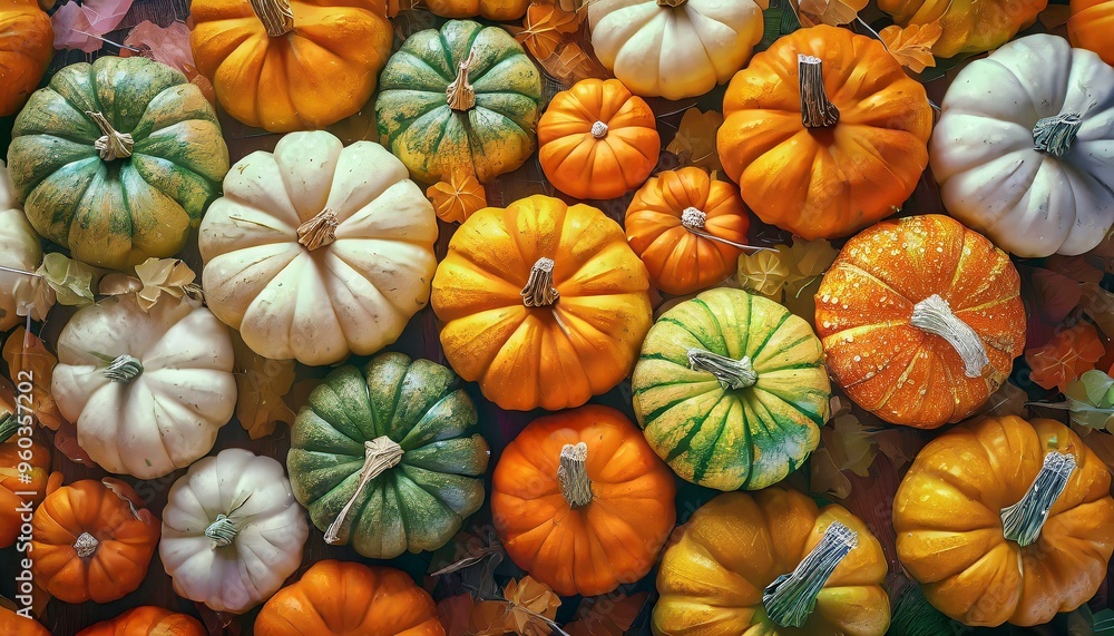 A vibrant background of pumpkins in orange, white, green, and striped colors, densely covering the ground in varied sizes and textures. Top view. A vibrant background of pumpkins in orange, white, green, and striped colors, densely covering the ground in varied sizes and textures. Top view.