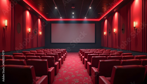 Empty Movie Theater with Red Seats and Large Screen