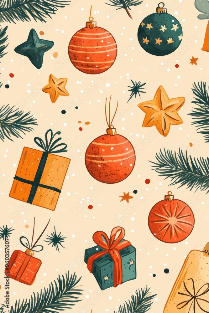 holiday doodle pattern, a cheerful holiday pattern featuring baubles, stars, and gifts on a light orange background, ideal for festive marketing materials for christmas and new years holiday doodle pattern, a cheerful holiday pattern featuring baubles, stars, and gifts on a light orange background, ideal for festive marketing materials for christmas and new years
