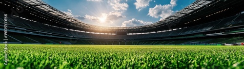 A vibrant sports stadium bathed in sunlight, showcasing lush green grass and a panoramic view of the sky.