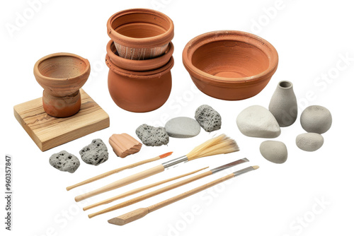 Collection of pottery tools and clay for art and craft, perfect for sculpting, shaping, and creative projects. photo