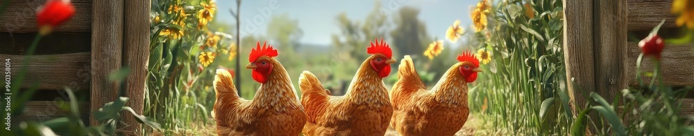 Fototapeta premium A picturesque farm scene featuring three cheerful hens wandering through a sunny garden filled with flowers and fresh greenery.