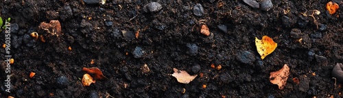 Rich dark soil mixed with colorful autumn leaves, ideal for gardening and nature-themed projects.