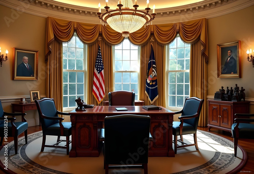 The Oval Office in the White House with Gold Curtains and Blue Chairs