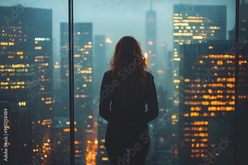 A woman stands in front of a city skyline at night, creating a beautiful and serene atmosphere. The woman is lost in thought