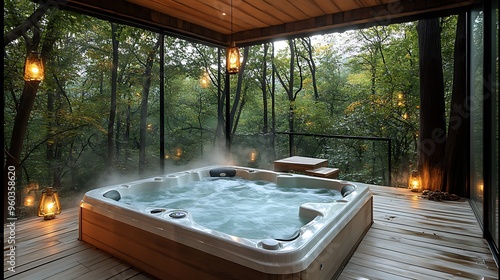 Wallpaper Mural A hot tub elevated among the treetops, offering a panoramic view of the forest below, surrounded by hanging lanterns casting soft light, steam rising gently into the night air, Torontodigital.ca
