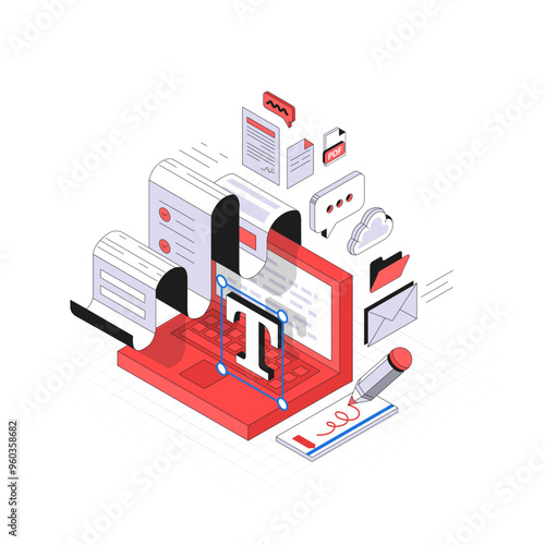 Application Software and Web Services for view, create, manipulate, print and manage Portable Document Format PDF files. Minimal Isometric illustration in different dimension