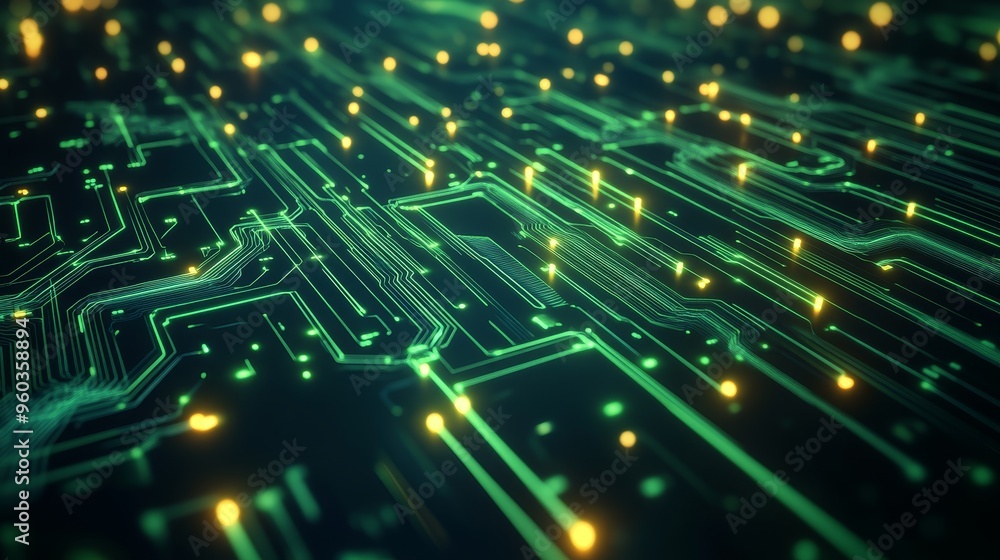A close-up view of a circuit board with glowing lines and points of light, representing technology and digital connections. A close-up view of a circuit board with glowing lines and points of light, representing technology and digital connections.