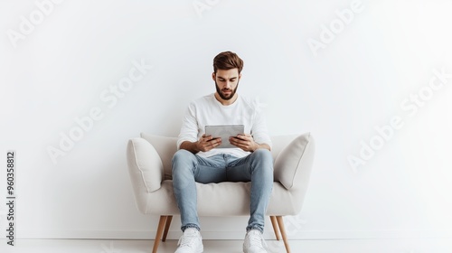 A man in casual attire wearing sneakers, sitting on a small one-seater sofa, using a tablet, set against a clean white background, 
