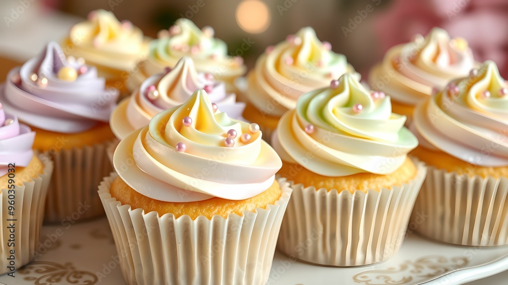 3D realistic image ,Pastel Cupcakes with Buttercream Frosting 3D realistic image ,Pastel Cupcakes with Buttercream Frosting