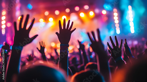 A vibrant scene of a crowd at a music festival with hands raised in the air and a stage with bright lights in the background, creating an energetic and lively atmosphere.