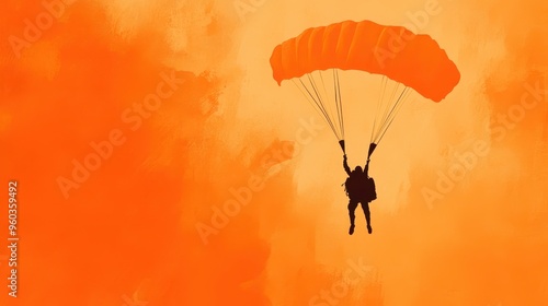A silhouetted figure parachuting through a vibrant orange sky, showcasing the thrill of adventure and freedom in the open air.