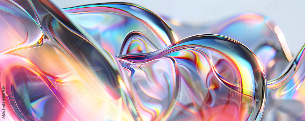 Abstract banner with holographic curved waves of molten glass in Y2K style. 3d render of transparent plastic. Fluid background with an iridescent smooth surface. Trendy design of futuristic texture. Abstract banner with holographic curved waves of molten glass in Y2K style. 3d render of transparent plastic. Fluid background with an iridescent smooth surface. Trendy design of futuristic texture.