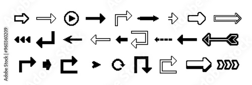 8 Bit pixel arrows vector big set of icons, collection of arrow direction cursors in old PC or gaming console style, single color symbols