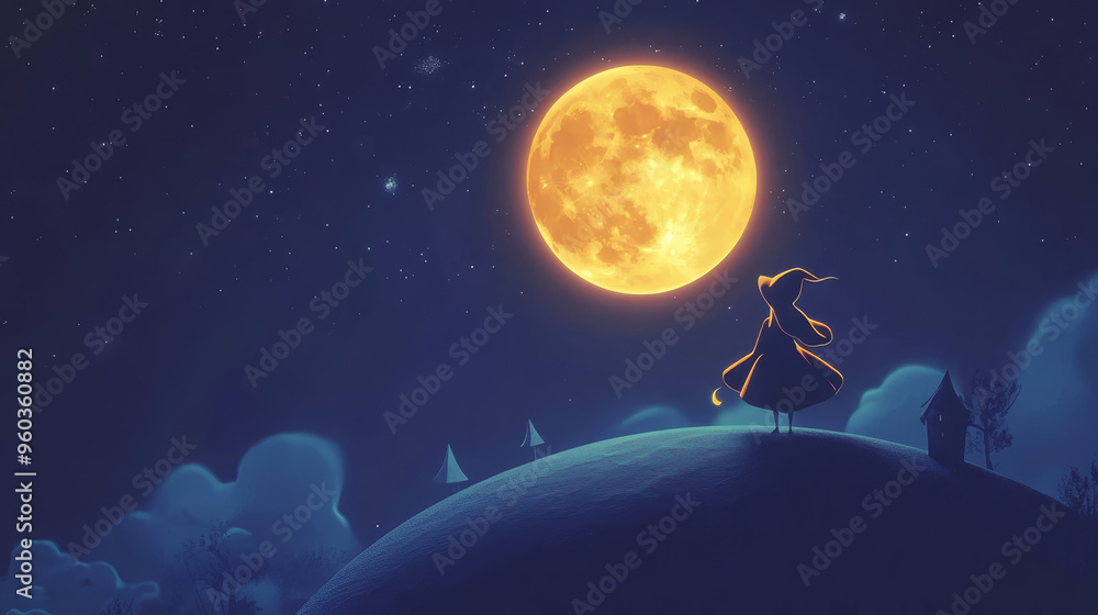 Naklejka premium A whimsical character gazes at bright full moon in starry night sky, creating magical atmosphere.