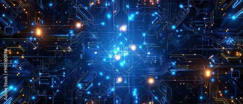 Artificial Intelligence Digital Background with a Futuristic High-Tech Illusion of Computer Symbol Style, Featuring Deep Blue Gradient and Red Bokeh Lights for Enhanced Depth and Contrast, Perfect for