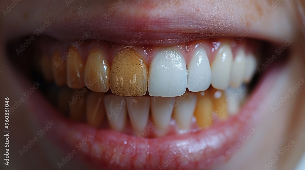 Fototapeta premium A detailed close-up of a person's smile showing the state of teeth whitening, with a mix of white and yellow teeth, highlighting the importance of dental hygiene.