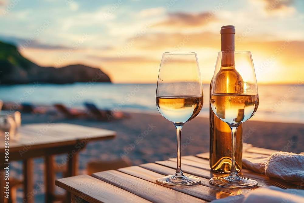 A bottle of white wine and two glasses on the table, overlooking a beach view A bottle of white wine and two glasses on the table, overlooking a beach view