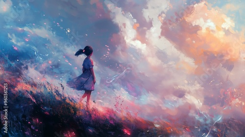 Wallpaper Mural A colorful picture of a girl on a mountainside against a beautiful landscape, the wind blows over her, creating a fantastic dream image Torontodigital.ca